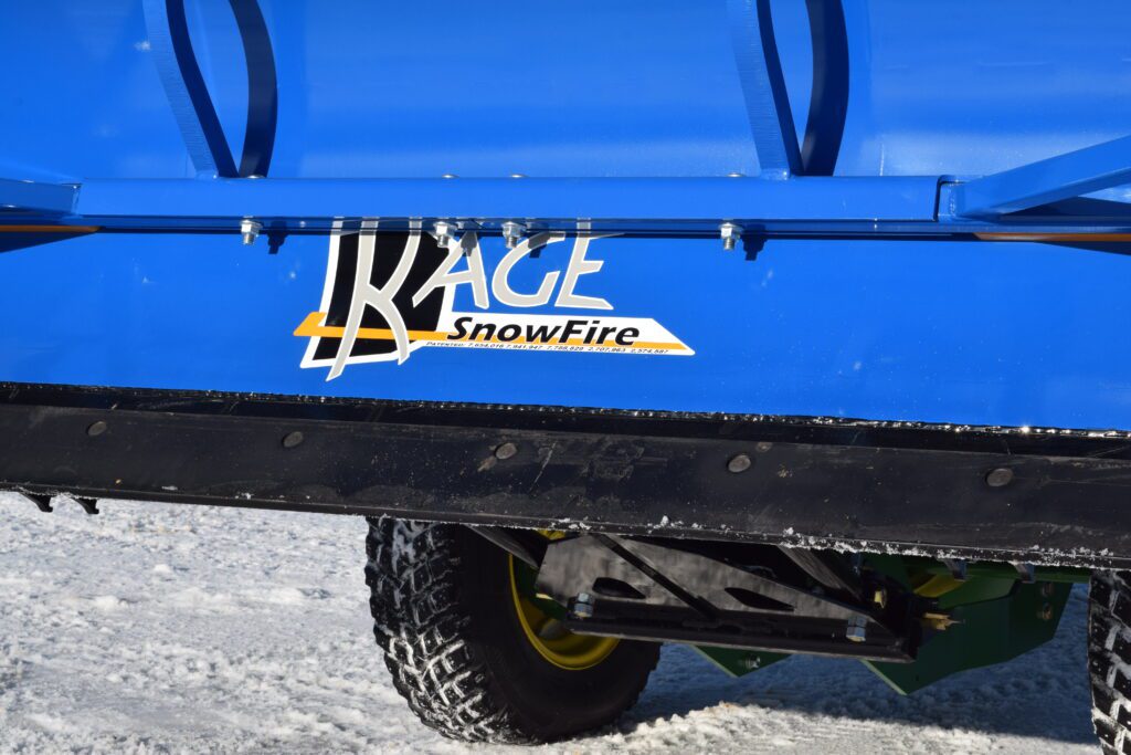 kage blue snow plow snow fire on john deere tractor