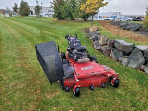 kage katcher steel grass collector automatic dumping open on exmark walk behind